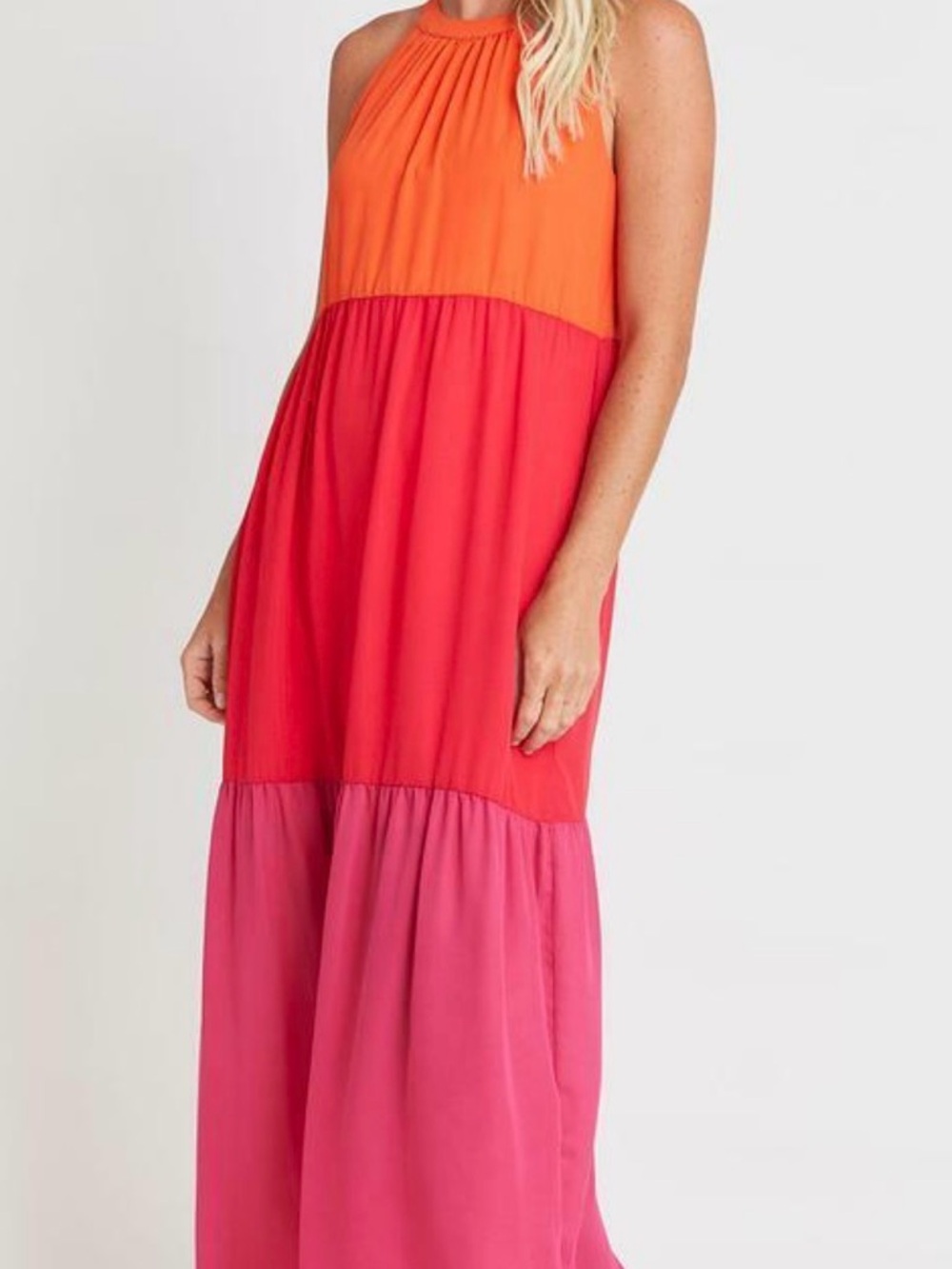 Andrée by Unit Colorblock Maxi Dress Halter Pink Orange Size L
